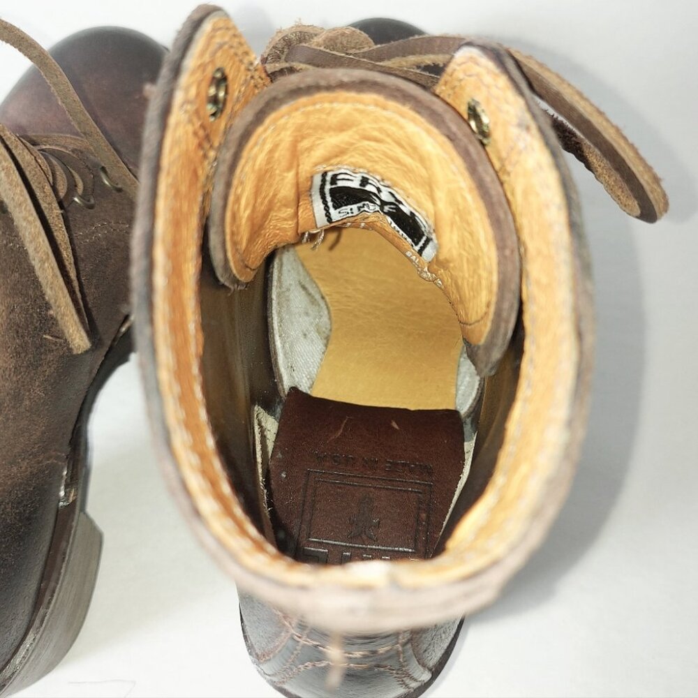 Frye Sabrina 6G Laceup Combat Boots 5.5 M Dark Brown Rugged Chunky Block Heels - Picture 11 of 13